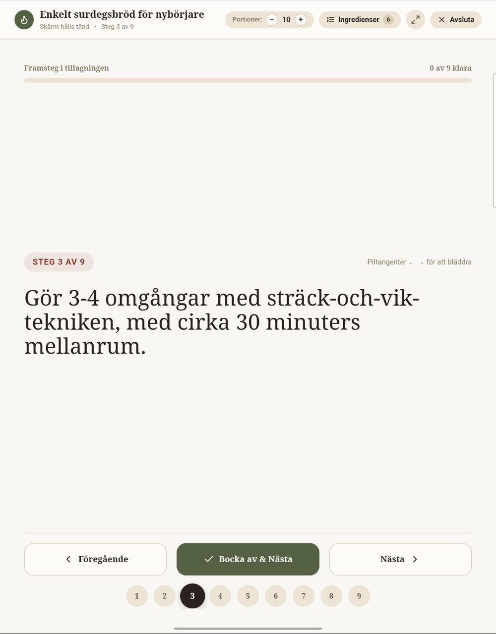 Kockläget visar steg 3 av 9 med stor text
